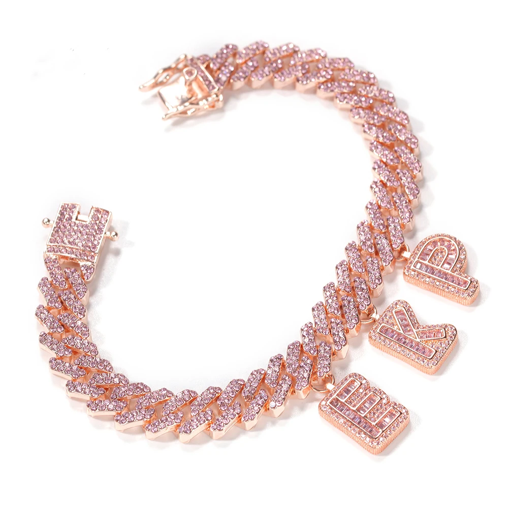pink colour rose gold plated Icy Miami Beguette customised cuban link my Letter initial name necklace