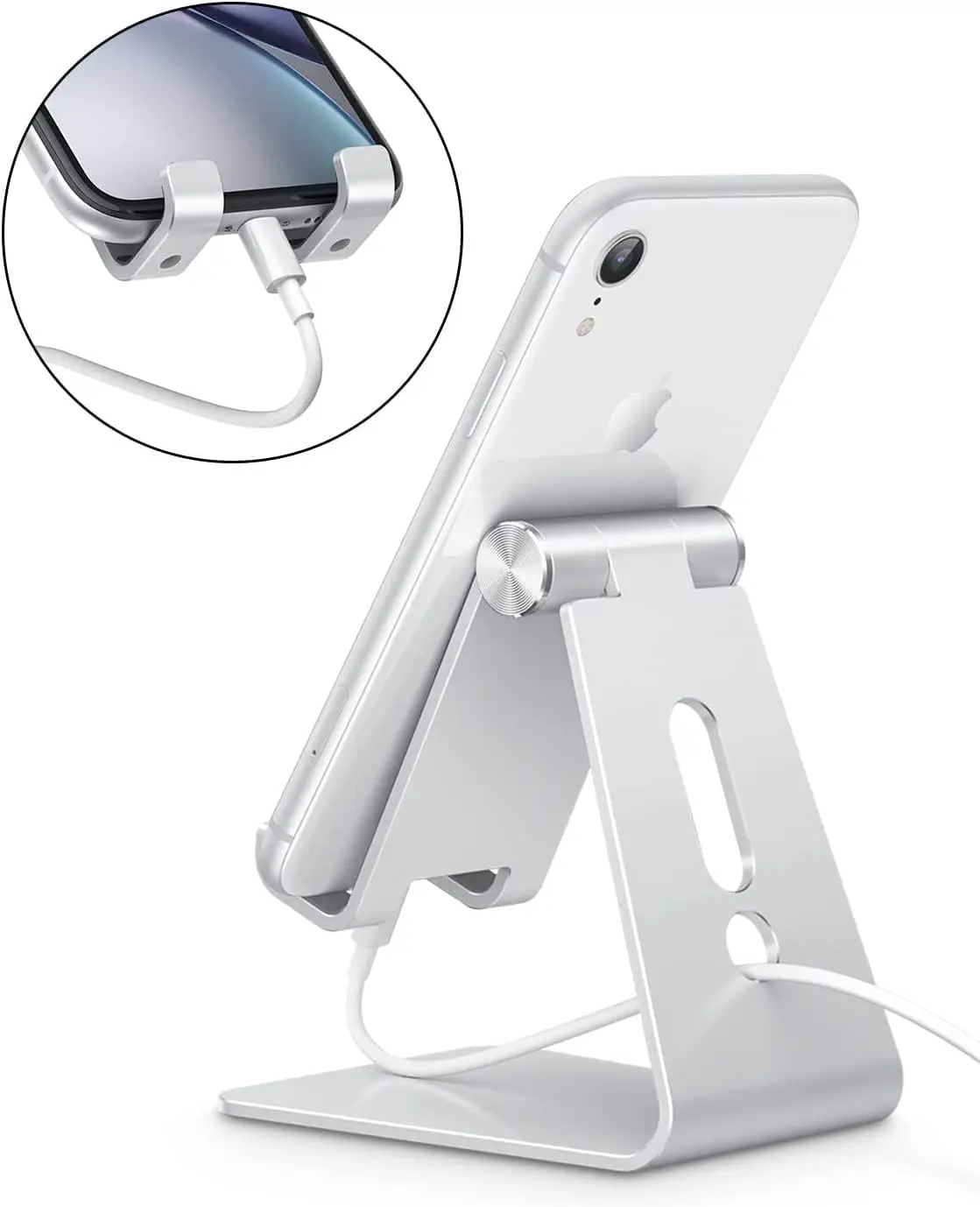 Adjustable Cell Phone Stand Aluminum Desktop Cellphone Stand with Anti-Slip Base  Convenient Charging Port Fit All Smart Phones