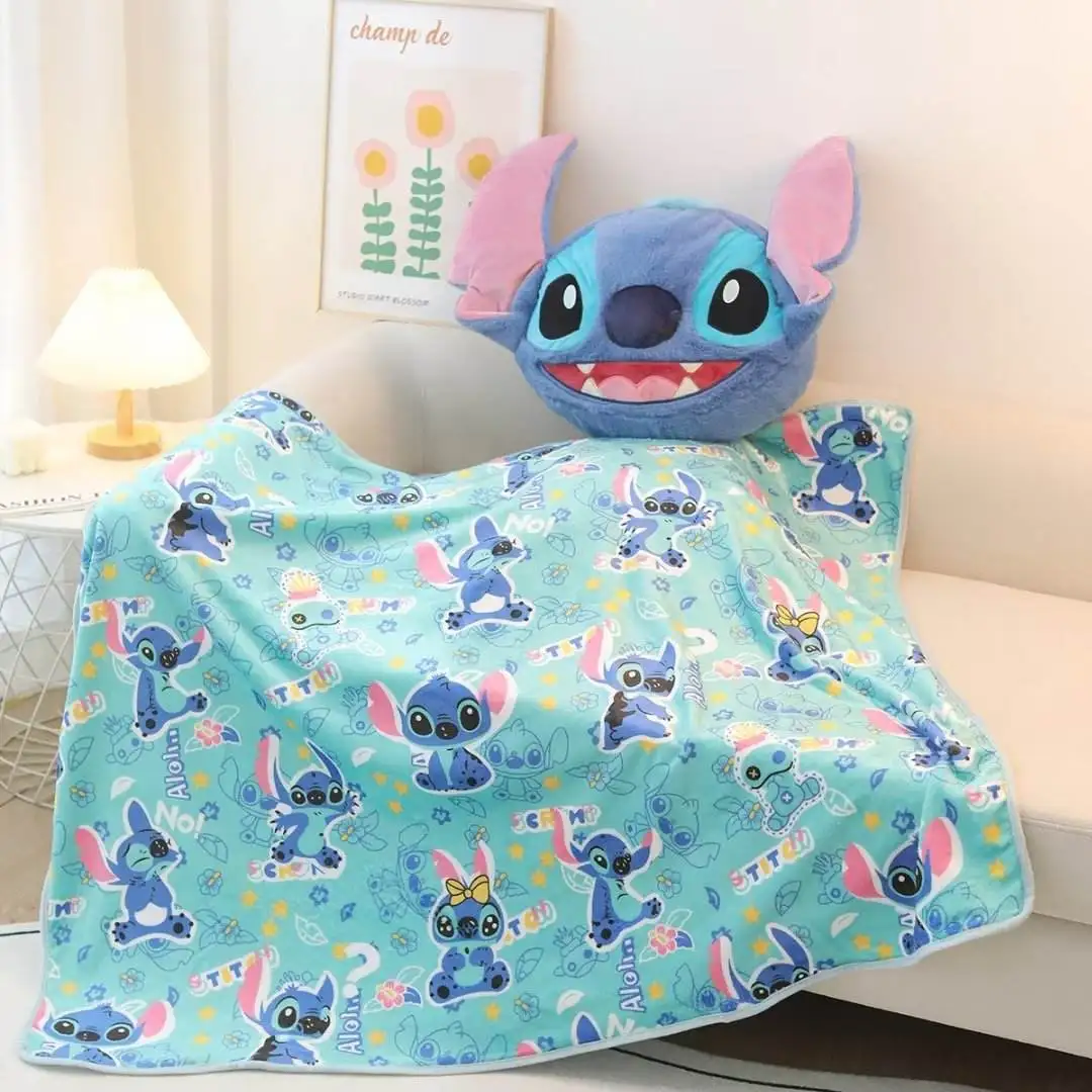 Kawaii Stitch Blanket and Pillow Cartoon Anime Doll with Soft Cotton Plush Toys and PP Filling Nap Blanket for Kid Birthday Gift