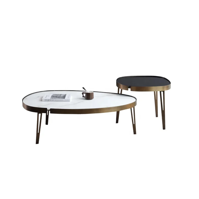 Wholesale modern  accembled  living room furniture hot selling round bronze  iron ceramic  melon seed -shape coffee table