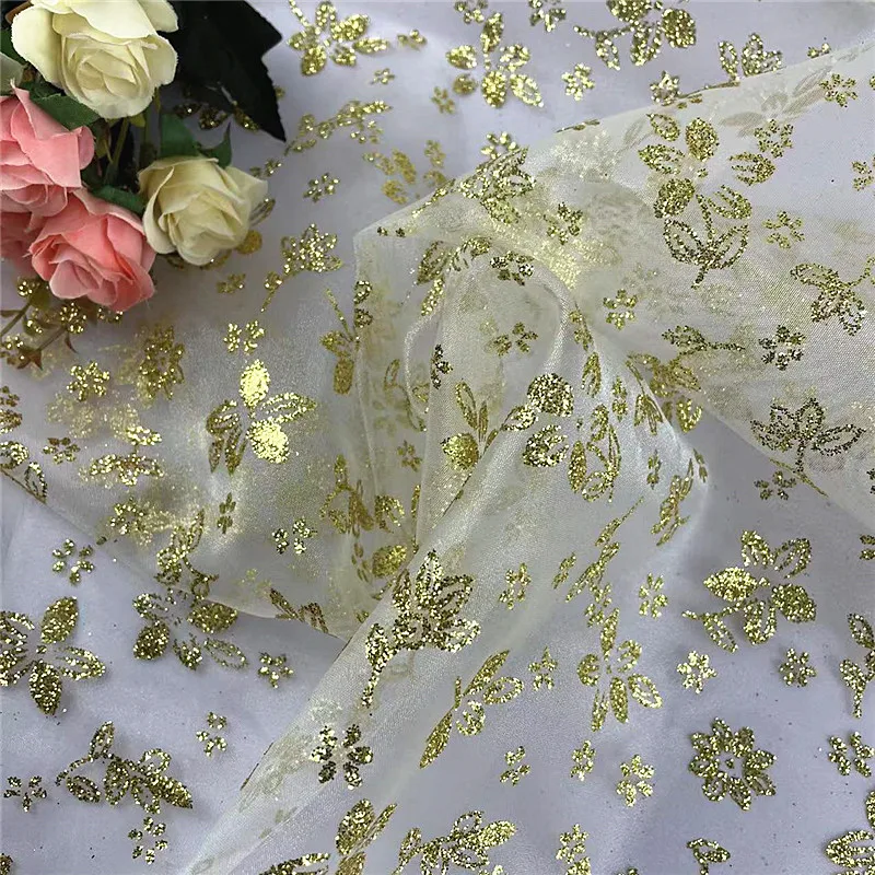 100% Poly Organza Glitter Printed  metallic  Dress Stage Costume Cloth Wedding  Fabric Designer Party Dance wear Bride fabric
