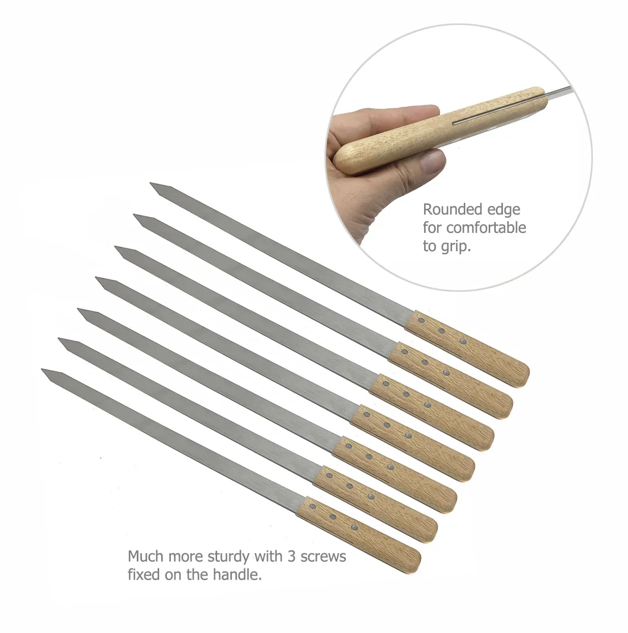 Custom Flat Metal BBQ Skewers Extra Long Stainless Steel Brazilian Shish Kabob Grilling Sticks Skewers with Wooden Handle