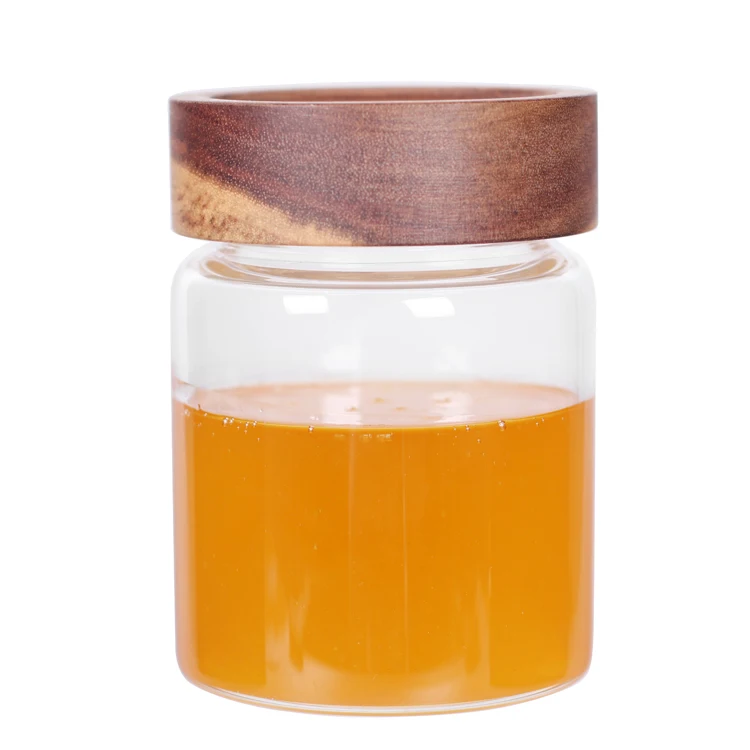 335ml high borosilicate glass jam jar, honey storage jar with acacia wood lid