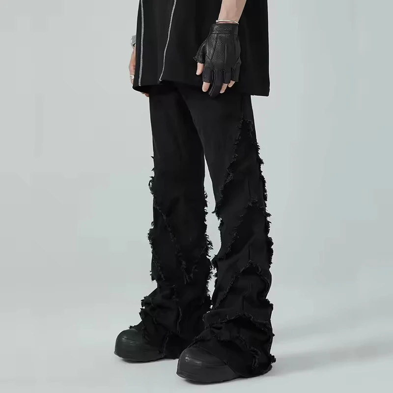 Custom quality stylish street straight leg patchwork youth black jeans Hip Hop rock personality style