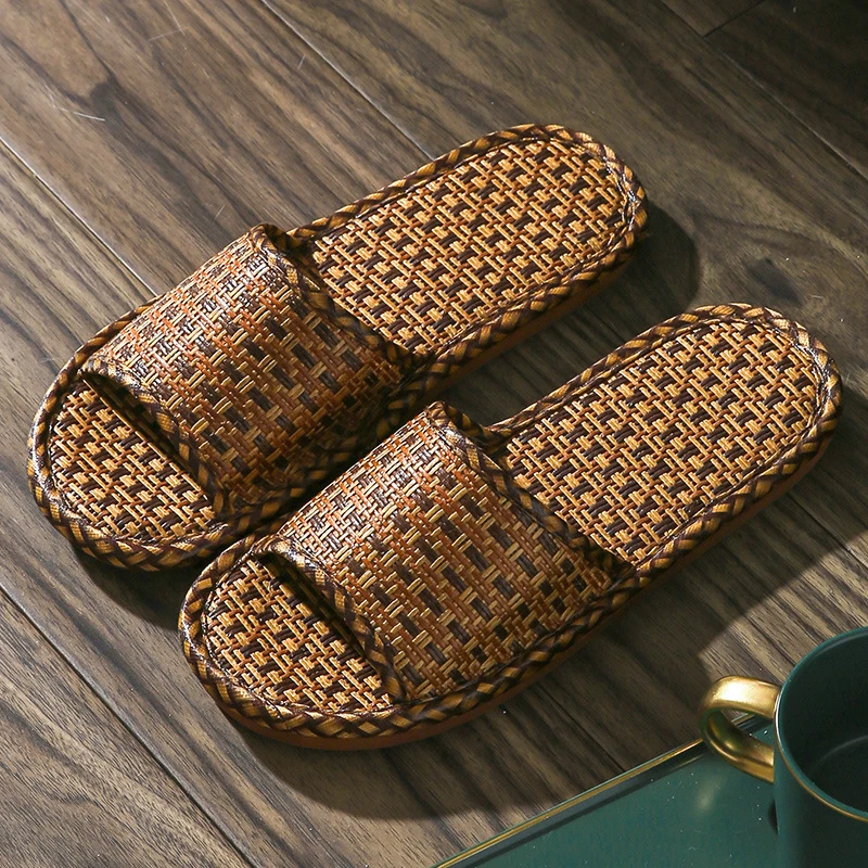Cheap Summer Household Bamboo Rattan Slippers Unisex Hotel Bathroom Anti-Skid Weave Straw Braided Slides