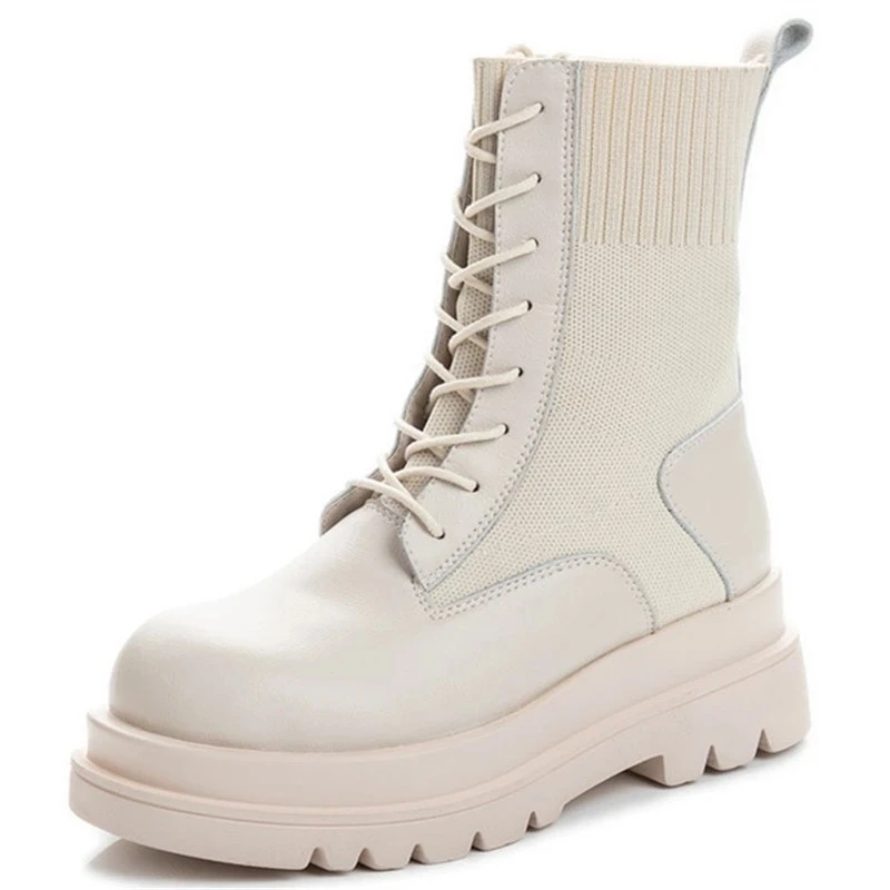 Dropshipping Custom Logo Genuine Leather Knit Womens Thick Bottom Boots Autumn Women Chunky Boot Simple Style INS Casual Shoes