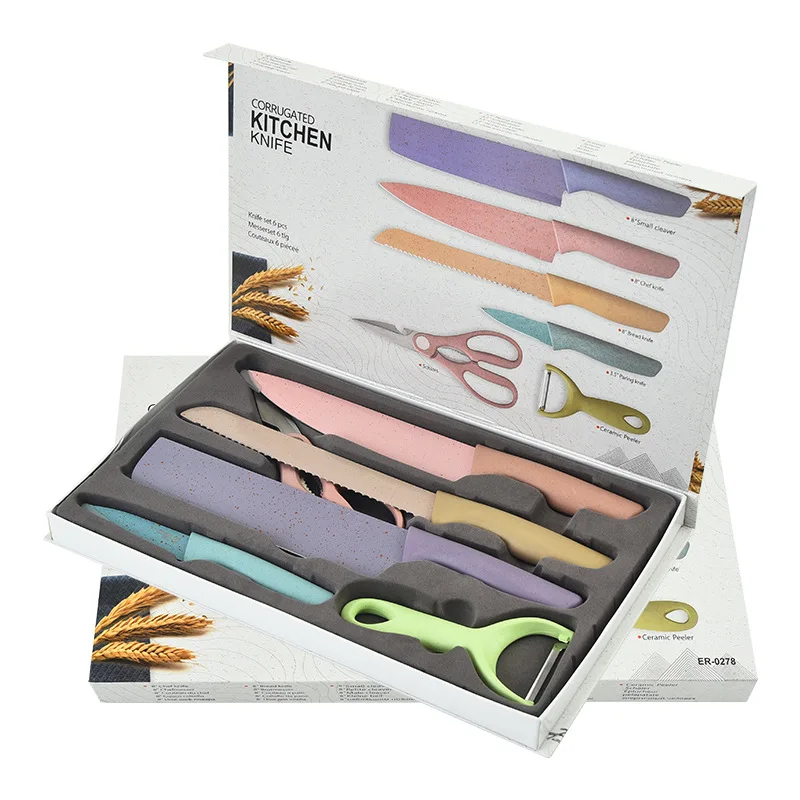 Eco-friendly White Straw 6-piece Knife Set  Reusable and Easy Clean Knife Set with Beautiful Color Box Can Be A Gift