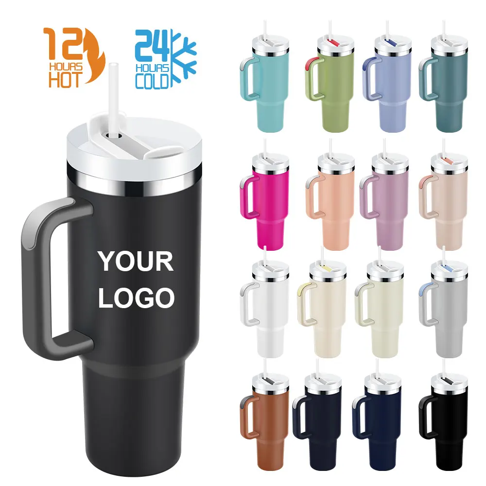 Custom Logo Double Wall Car Travel Sports Mug 40 oz Stainless Steel Insulated Coffee Beer Tumbler With Handle And Straw