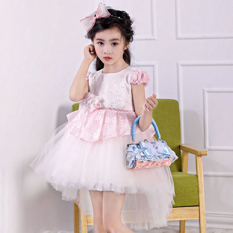 
Girls Party Wedding Flower Lace Dresses With Long Tailed Short Front Long Back Skirts 