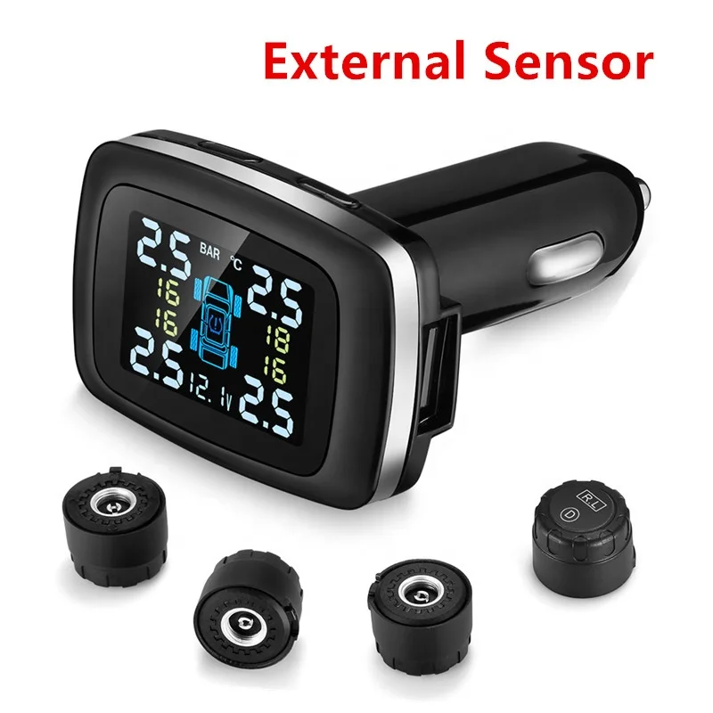 Car TPMS Tire Pressure Monitoring System Sensor USB Port Car Safety Alarm Cigarette Lighter Digital System 4 External Sensors