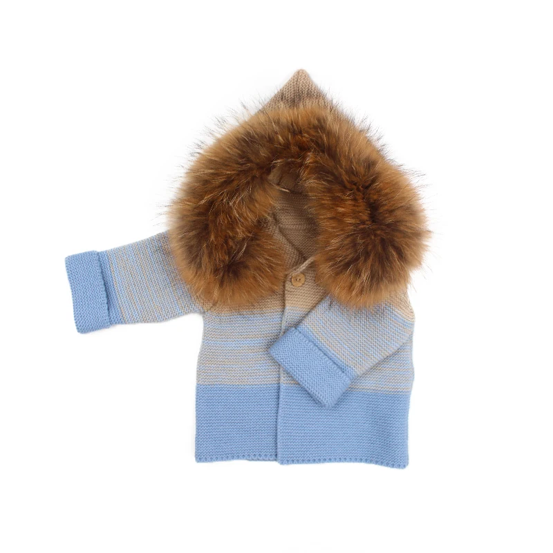 2024 Лидер продаж акриловая трикотажная одежда натурального цвета Детская шерстяная куртка из меха енота зимний комплект для девочек