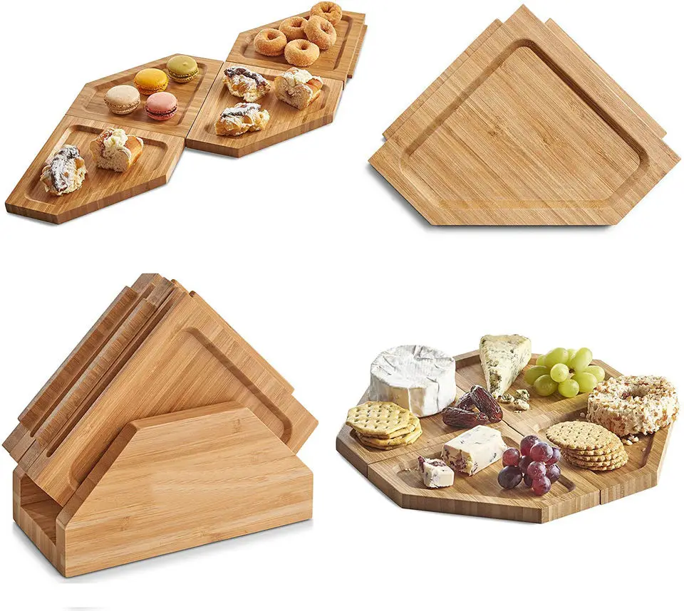 Bamboo cheese board with display stand, wooden deli platter and meat serving board for housewarming, parties and weddings