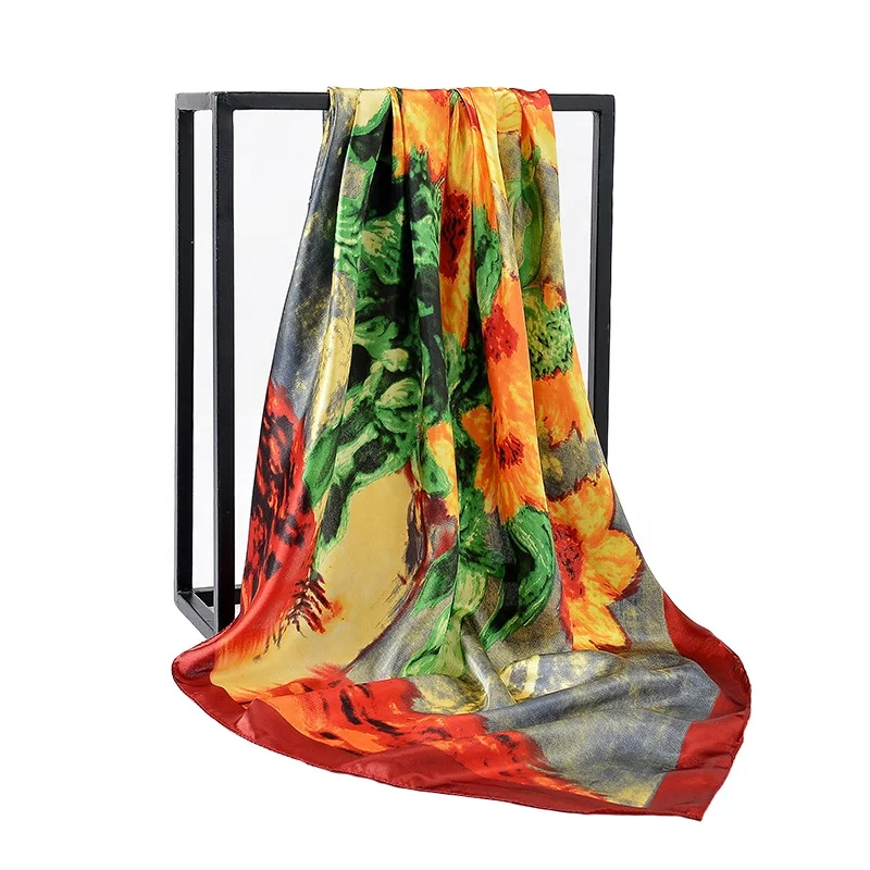 2020 New Muslim 90cm Printed Imitation Silk Satin Hijab Scarf