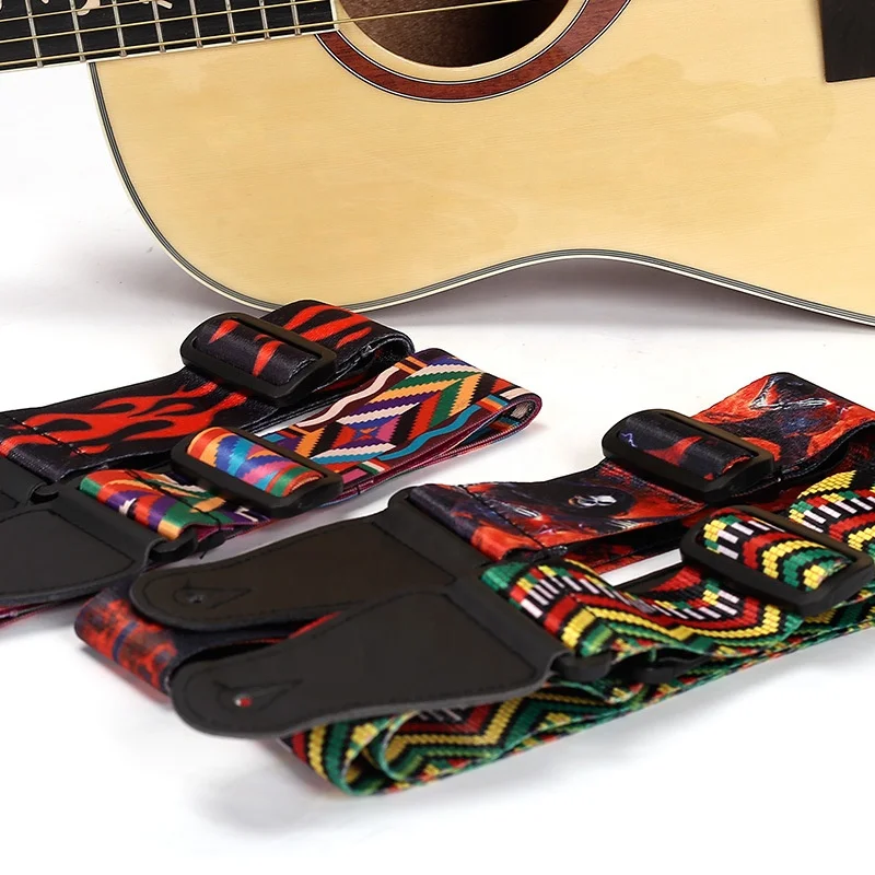 2022-Guitar Strap national style widened wooden guitar strap electric guitar bass strap polyester printed strap