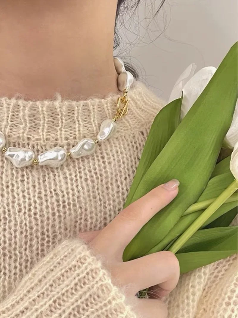 Big Pearl Necklace Stainless Steel OT Clasp Choker Pearl Necklace Vintage Baroque Pearl Necklace