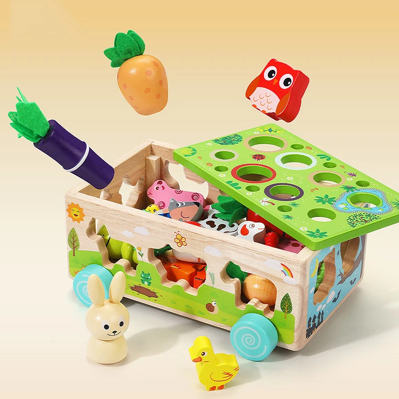 Happy Farm Kids Wooden Early Education Animal Shape Sorter Blocks Car Carrot Harvest Game Fishing Catching Insects Learning Toy