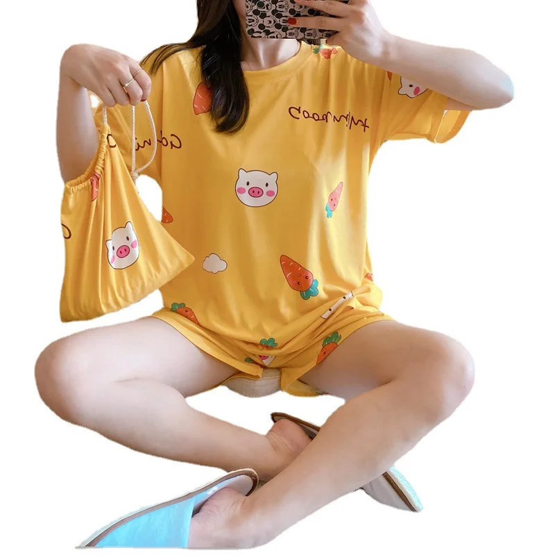 Summer short-sleeved three-piece shorts Cute Korean style sweet loose plus size homewear pajamas get buggy bag free