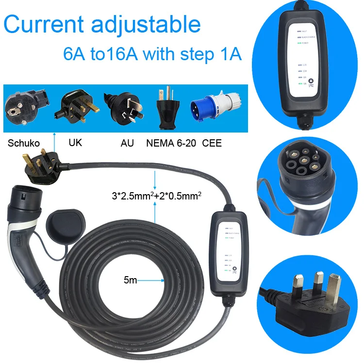 
Factory Sale Portable Electric Car Charger 6A 8A 10A 13A 16A Ev Charger Type 2 