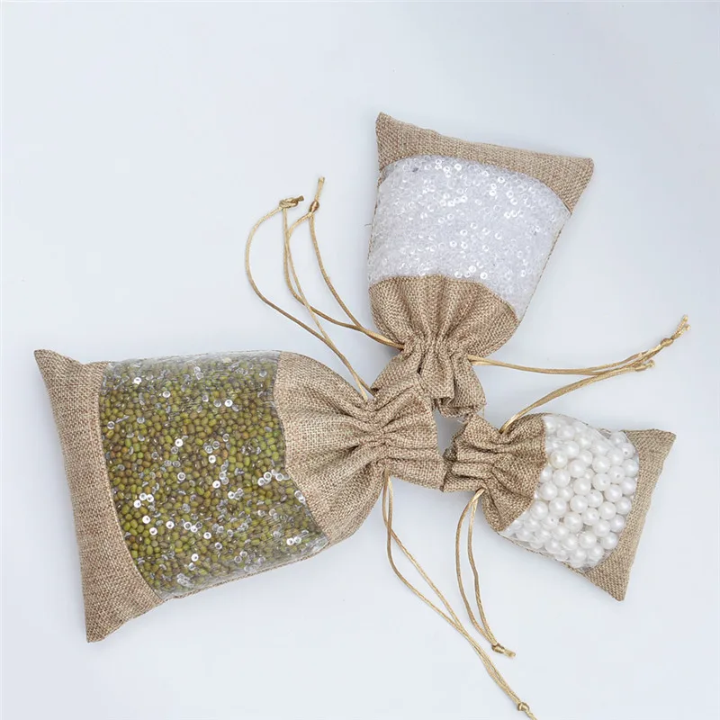 Middle Opening Style Jute Package Drawstring Pouch with Organza Window Packing for Jewelry Gift