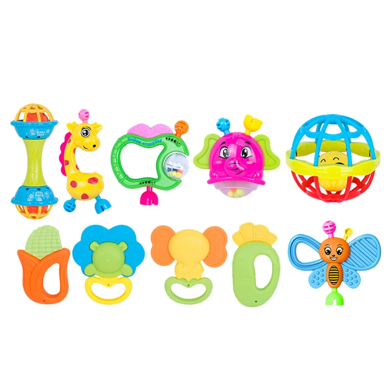 2021 Hot sale cute cartoon animal 10 pcs set toys plastic baby rattles teether rattle insert