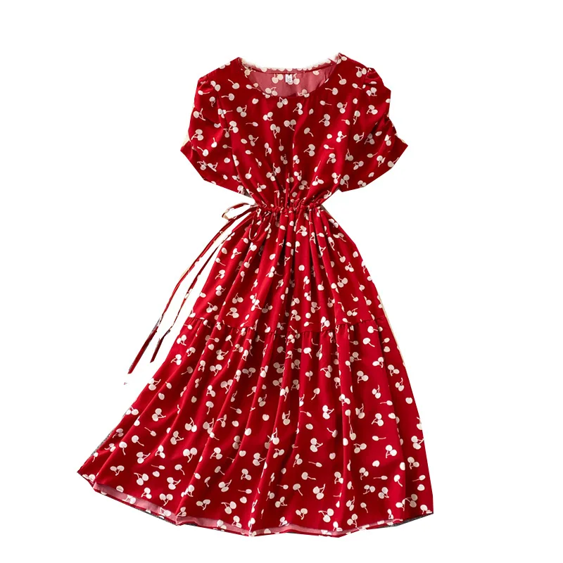 Love Pattern V-neck Short-sleeved Waist Goddess Temperament Knee-length Large Skirt Dress France Summer Girl Casual Dresses