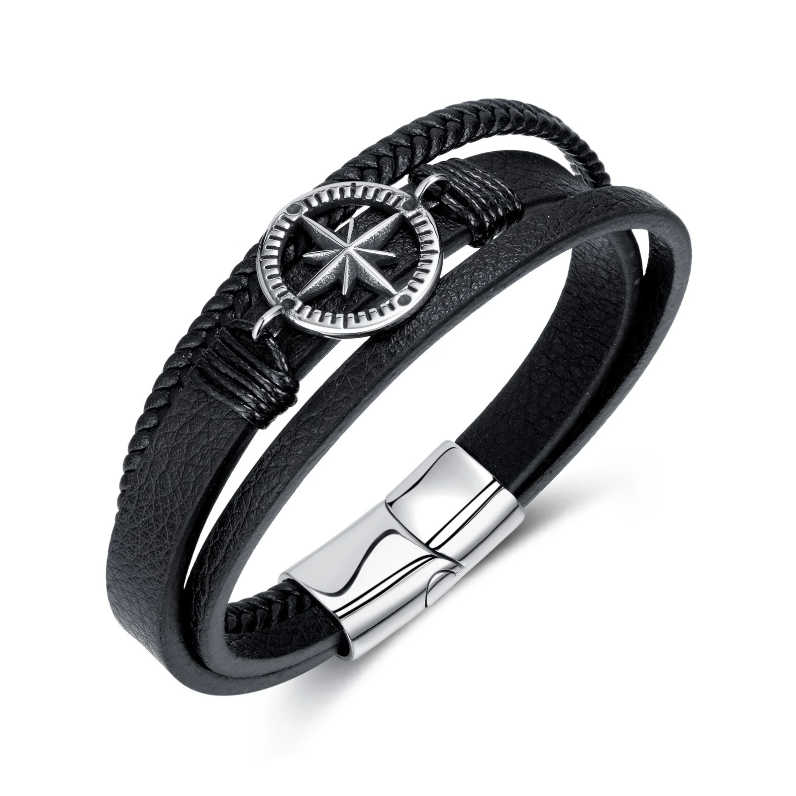 Jewelry Hand knitting Men Leather Round Eightawnstar Bracelet Hip Hop Style 316L Stainless Steel Leather Star of David Bracelet
