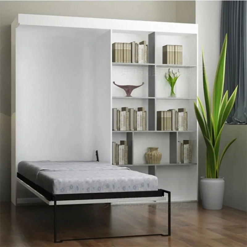 Home smart furniture specific use saving space wall folding bed solid wood murphy bed with storage and bookcase