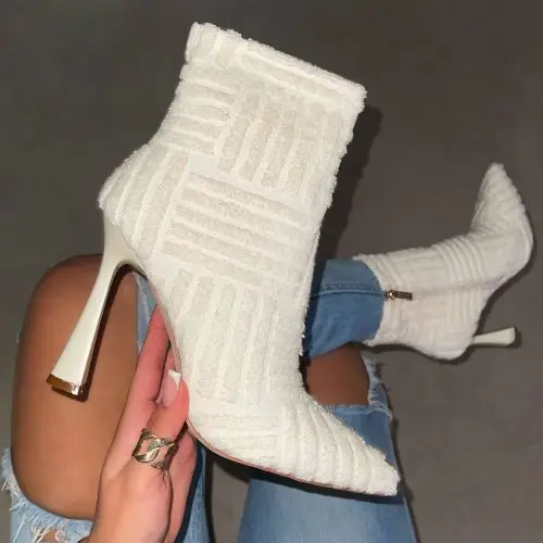 BSM1064 2022 new towel material high heel pointed toe white winter women ankle boots