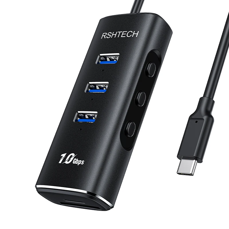 RSHTECH 5 in 1 USB C Hub with 10Gbps Data Ports SD/TF Card Reader 2ft Cable and Individual Switches Type C hub for PC
