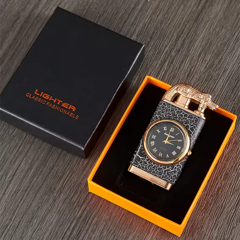 2025 Custom Lighter Double Flame Crocodile Cigarette Lighter with Clock Watch Disc Windproof Refilled Gas Torch Lighter