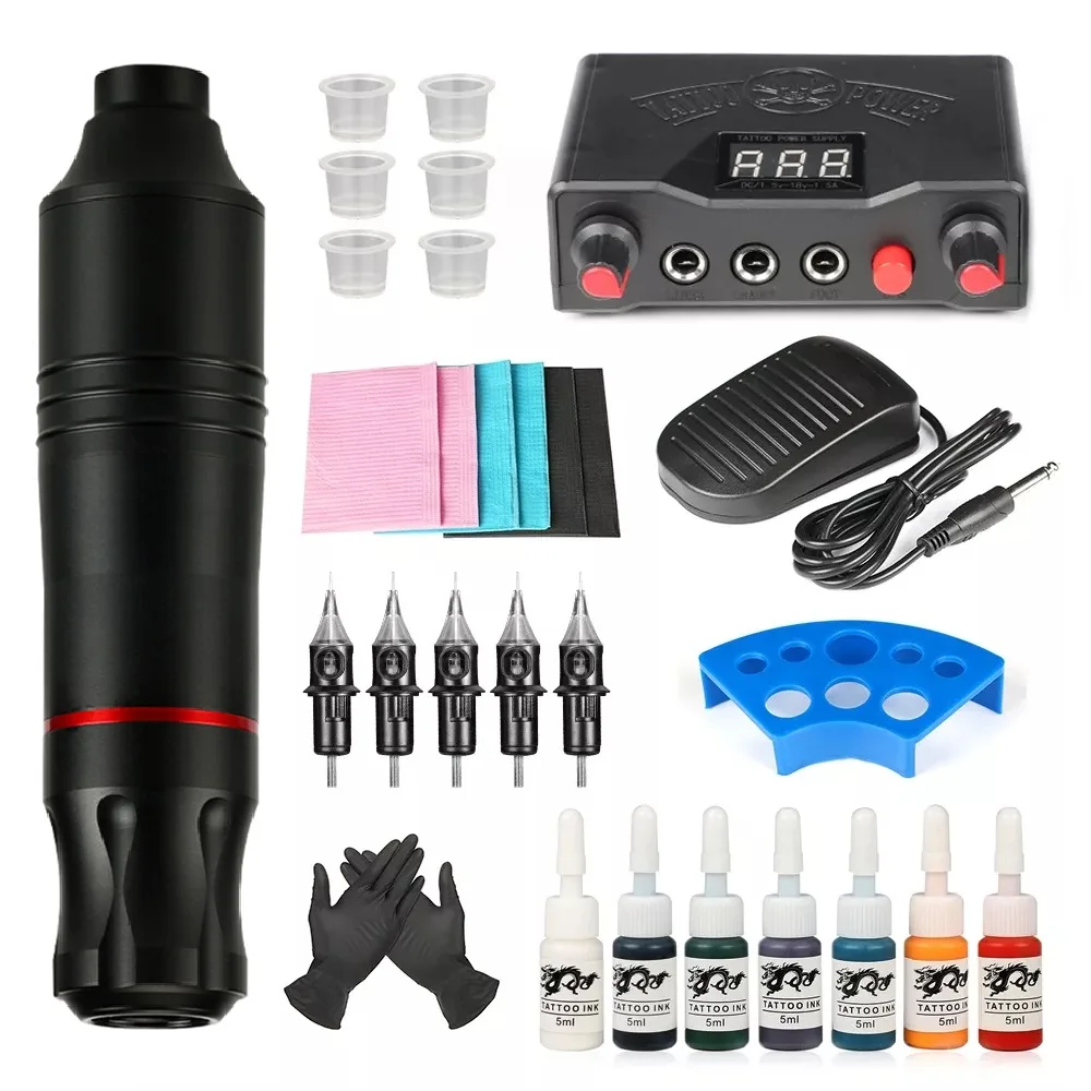 Permanent Makeup Machine with 5pc Cartridge Needles Tattoo Set Digital Screen Tattoo Power Supply Pen Ink Set Tattoo Machine Kit