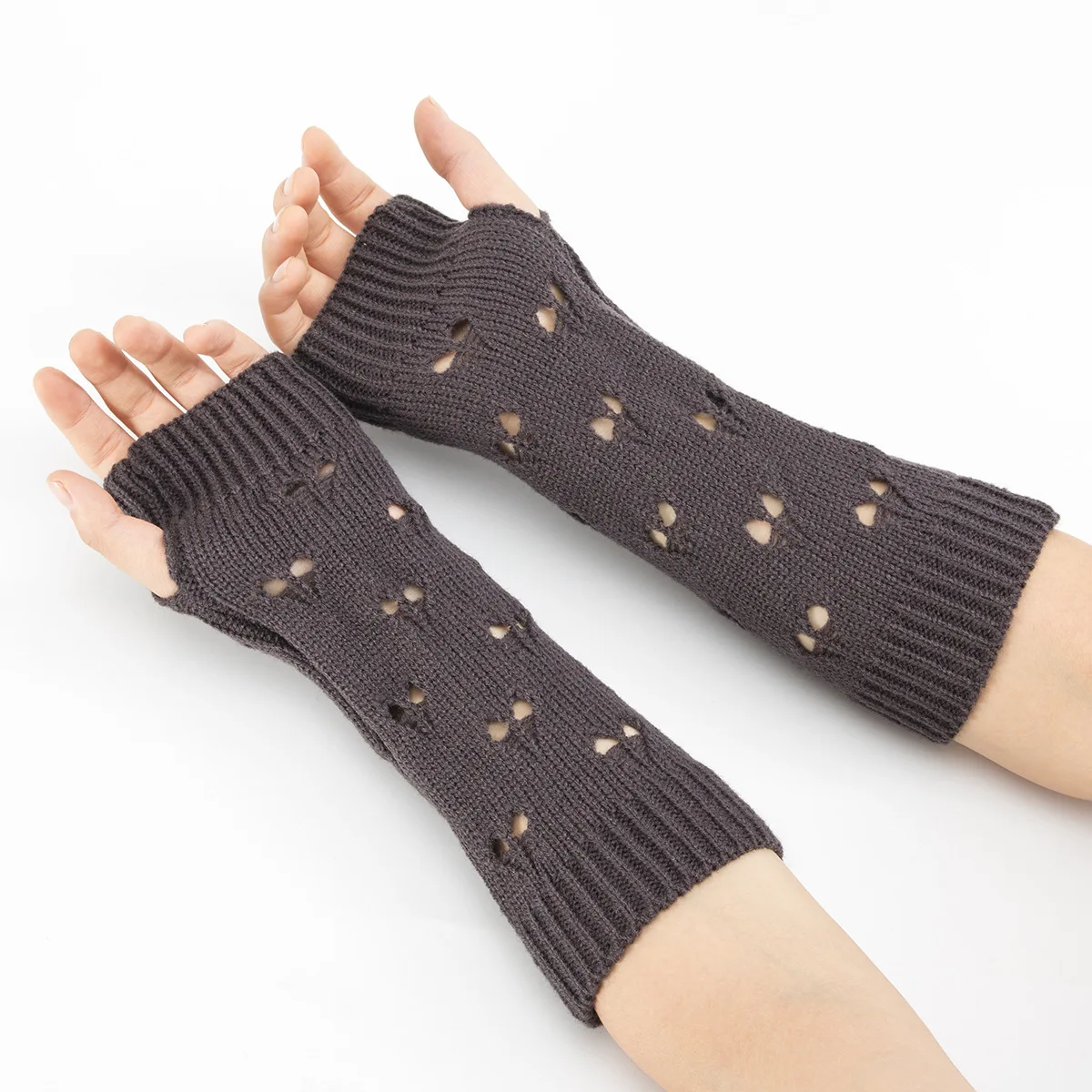 High quality Stylish Hand Warmer Winter Women Arm Crochet Knitting Hollow Heart Mitten Warm Fingerless Acrylic Gloves