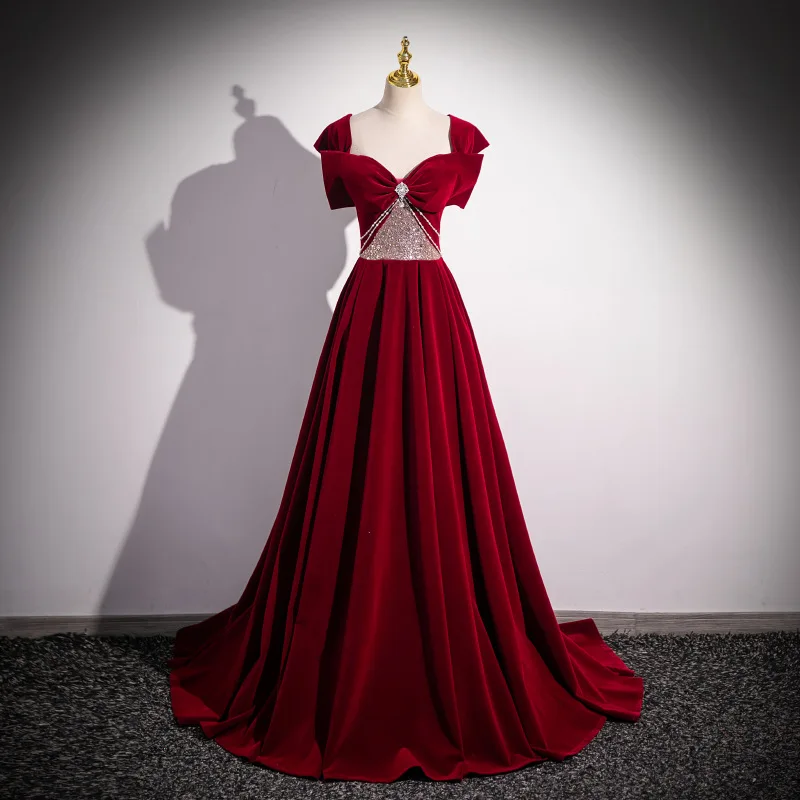 ZX-993 Burgundy Evening Dress Female 2025 Bride Velvet Banquet Annual Meeting Host French Toast Formal Dresses