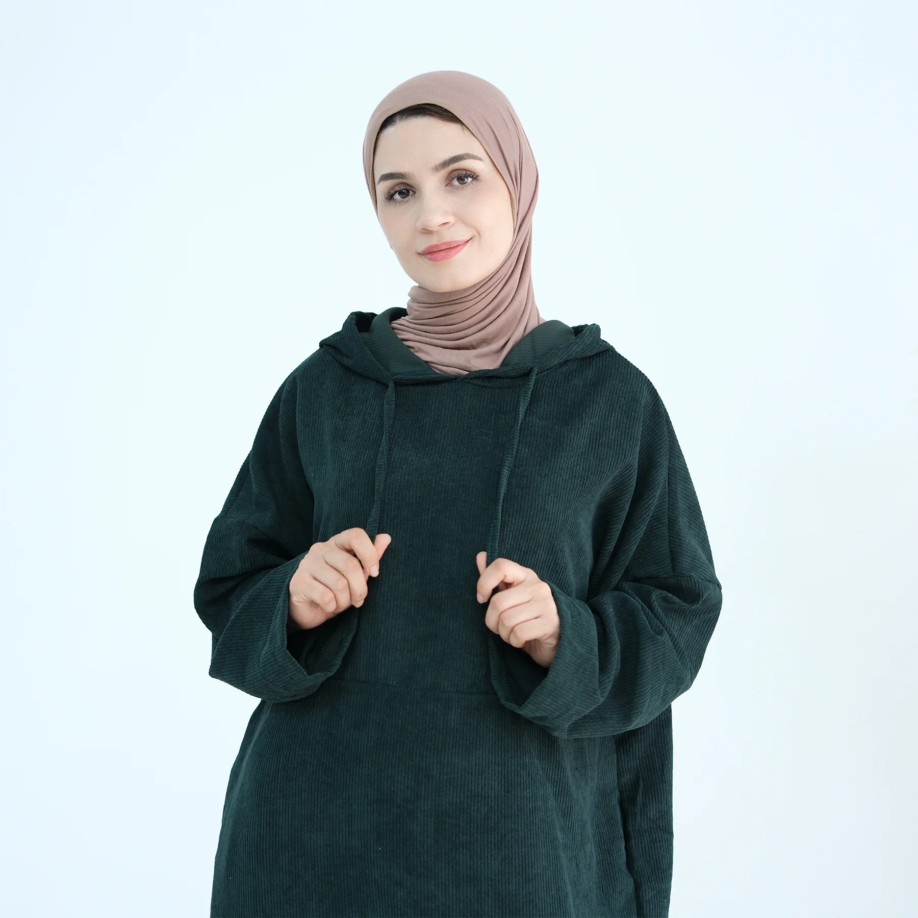 Solid Color Hoodies Women Long Sleeve Abaya Dubai Jumper Sweatshirt Dresses Plain Warm Shirt Ladies Hooded Dresses
