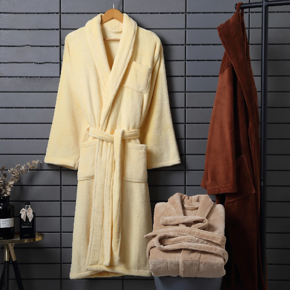 Thick 100% Flannel Coral Fleece Hotel Bathrobe Plush Bath Robe For Women and Man