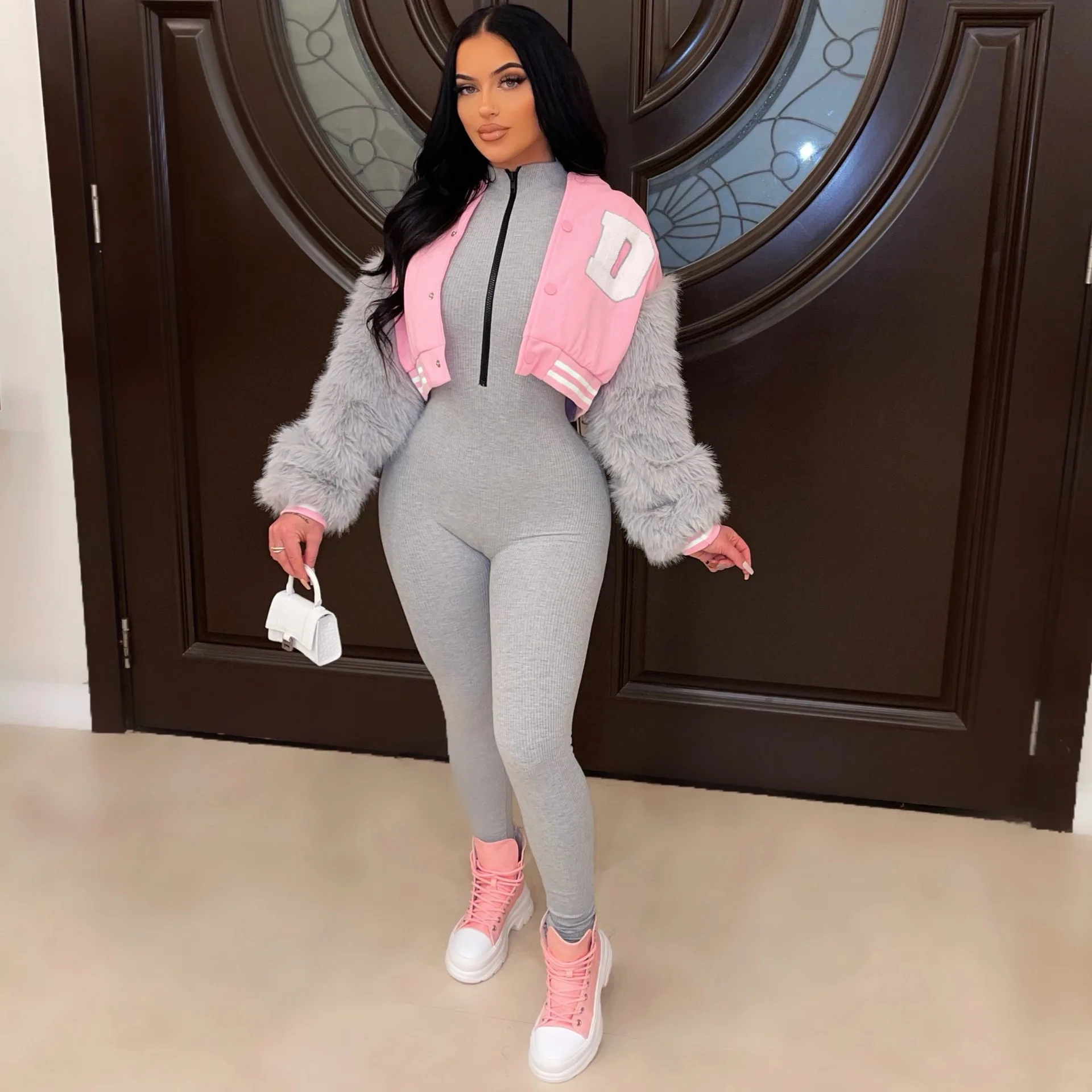 2022 Winter Women Fur Sleeve Jacket Short Baseball Coats Faux Rabbit Fur Baseball Jacket Coat Outwear Fur Coat Jacket