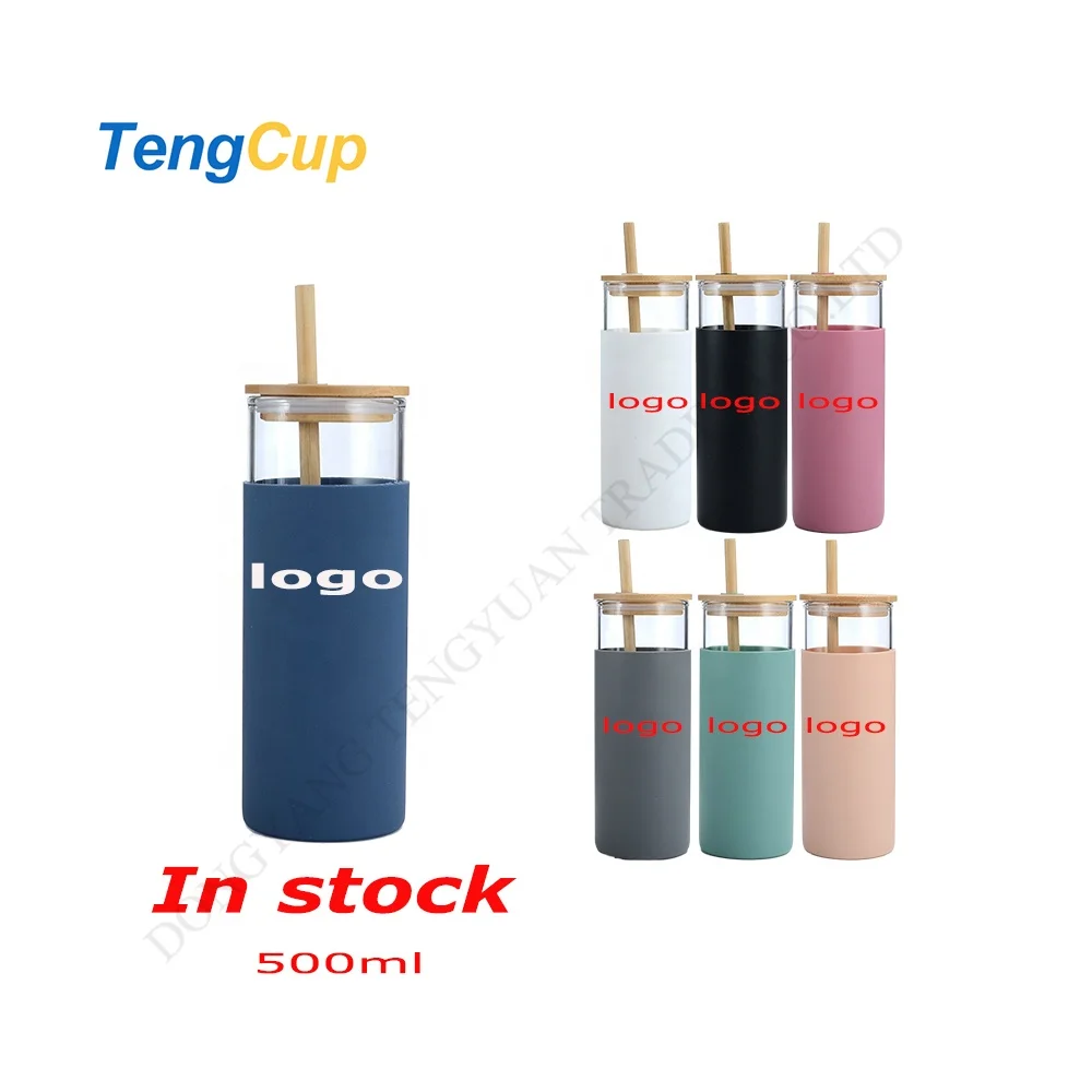 TY Hot Seller Custom 500ml Insulated Straw Glass Dinking Water Bottle Tumbler With Silicone Sleeve and Wooden Bamboo Lid