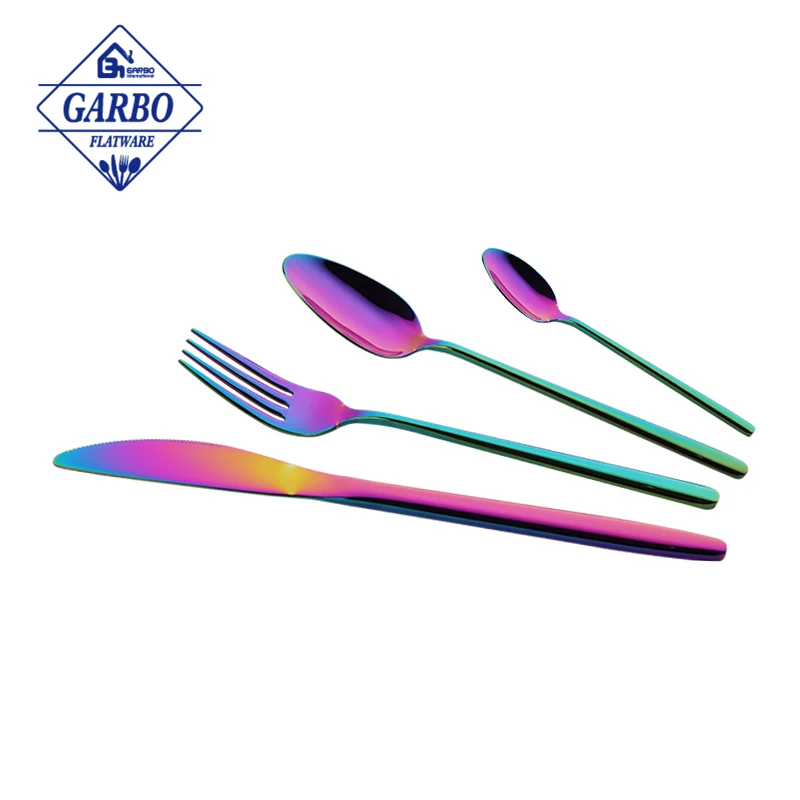 410(13/0) Wholesale restaurant cutlery silver gold cutlery sets stainless steel flatware table knife fork tea spoon for wedding