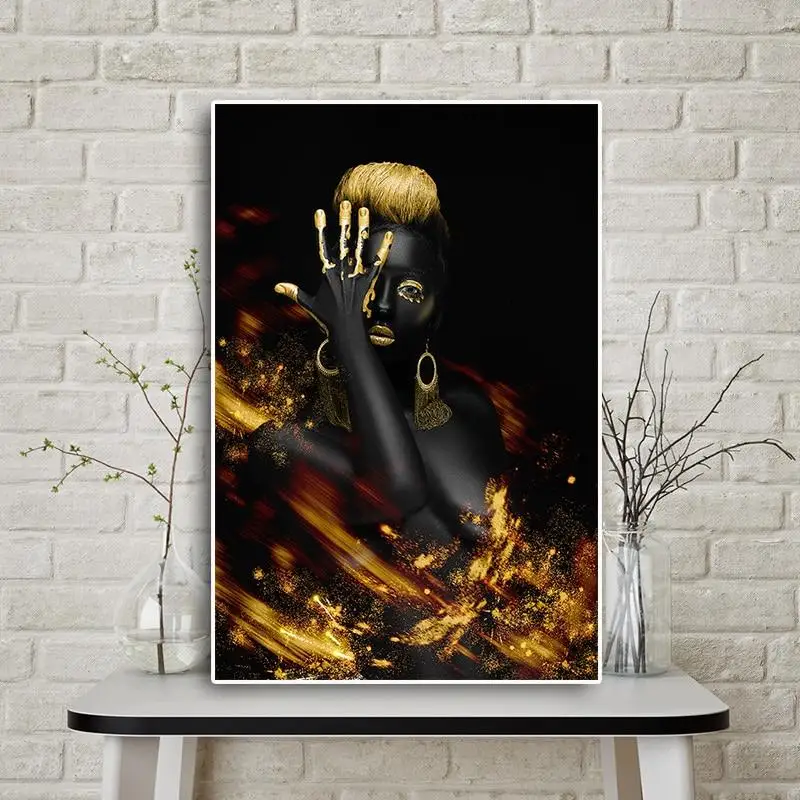 Artist Home Decoration Canvas set Modern Black Women Gold Foil Hd 3 Panel Painting