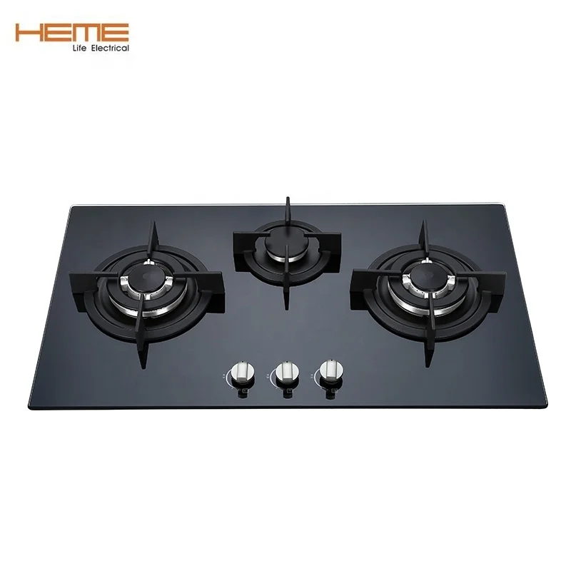 Home Appliances Brass Burner Built-in Gas Hob Black Tempered Glass Top Cooktop