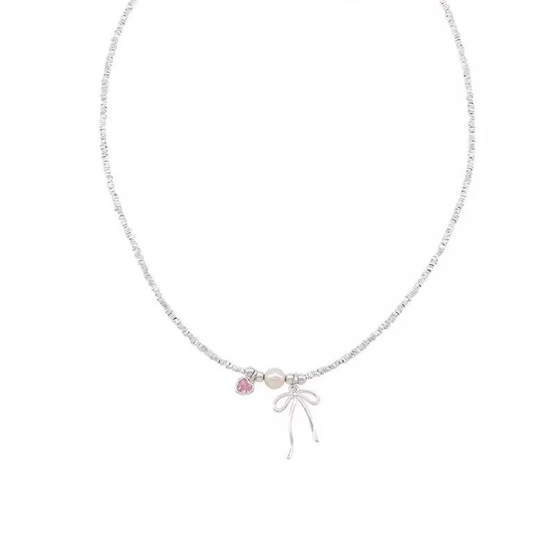 S925 sterling silver bow pink heart broken silver necklace sweet girl heart freshwater pearl necklace