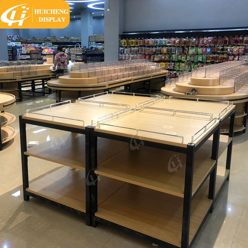 Customized Supermarket wooded shelves grain display shelf gondola milk display stand rice racks promotional table