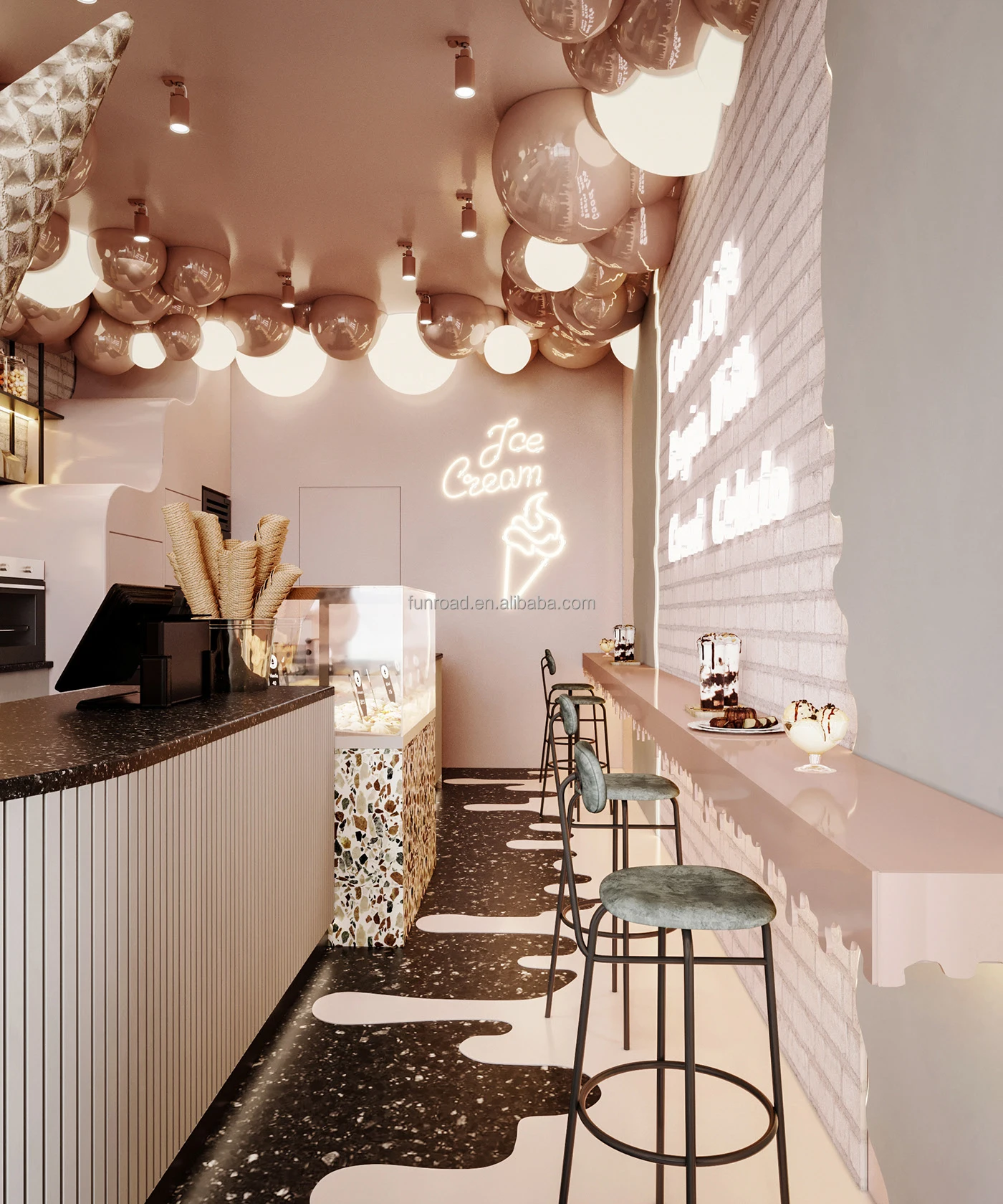 Newest Design Ice Cream Shop Decoration Customized Sweet Shop Counter Ice Cream Display Cabinet Showcase
