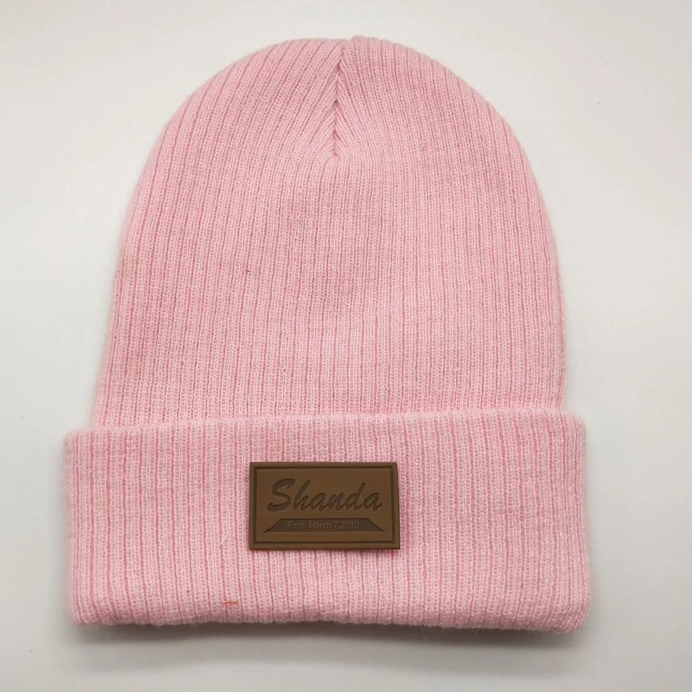 Cable pink color personalized design your own custom patch winter beanies hat