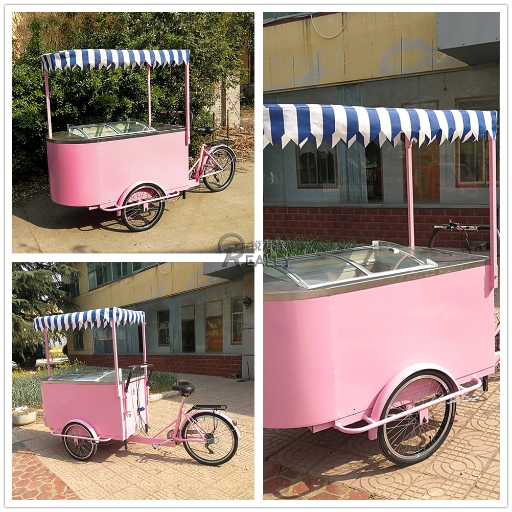 Pedal Pink Mobile Ice Cream Cart with 108L Freezer 3 Wheel Electric Bicycle Adult Food Bike Vending Carts for Sale