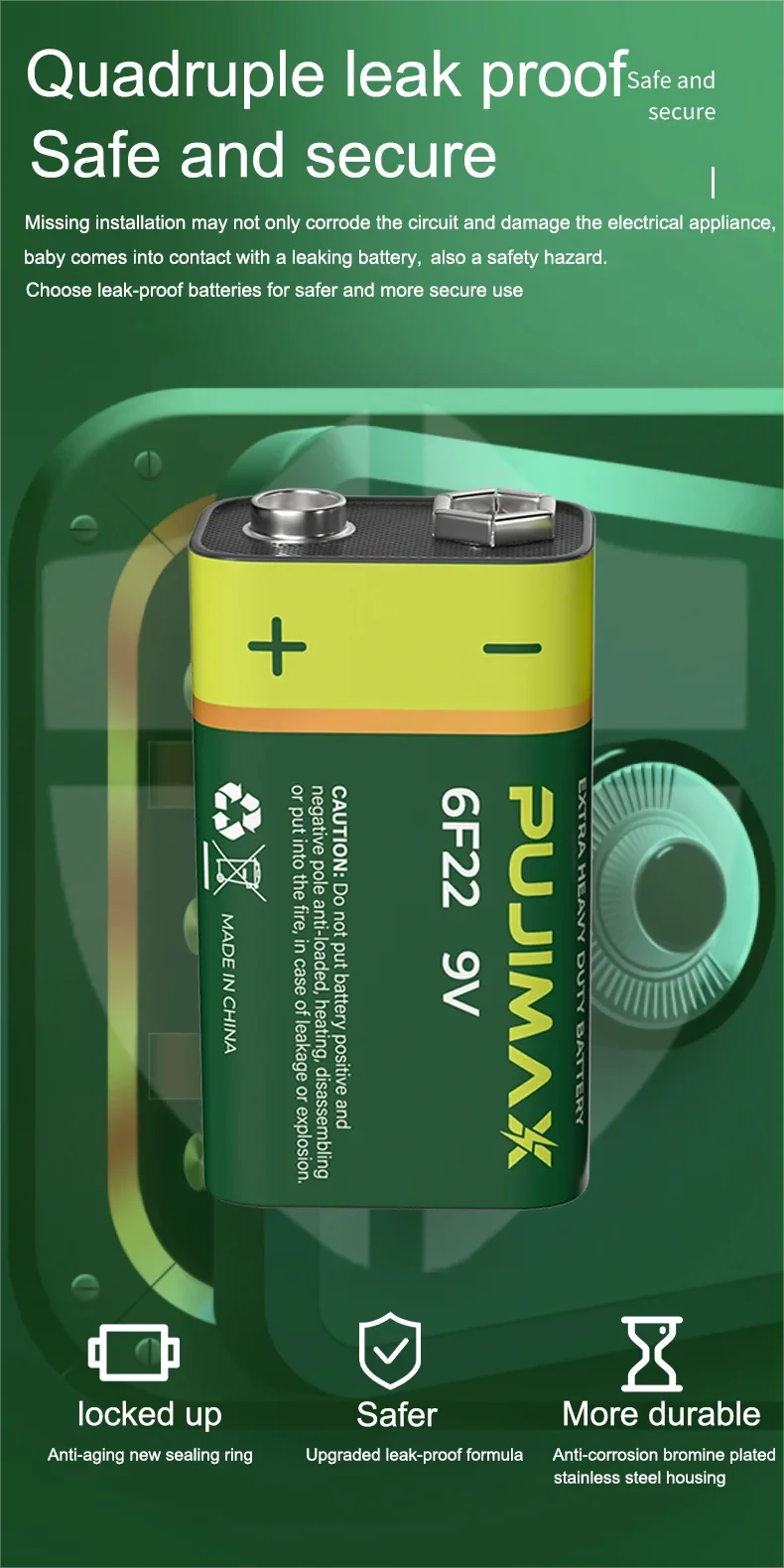 PUJIMAX Universal 10PCS 6F22 9V Battery Carbon Battery Pack Safe Durable Environmentally Single Use Batteries For Water Heaters