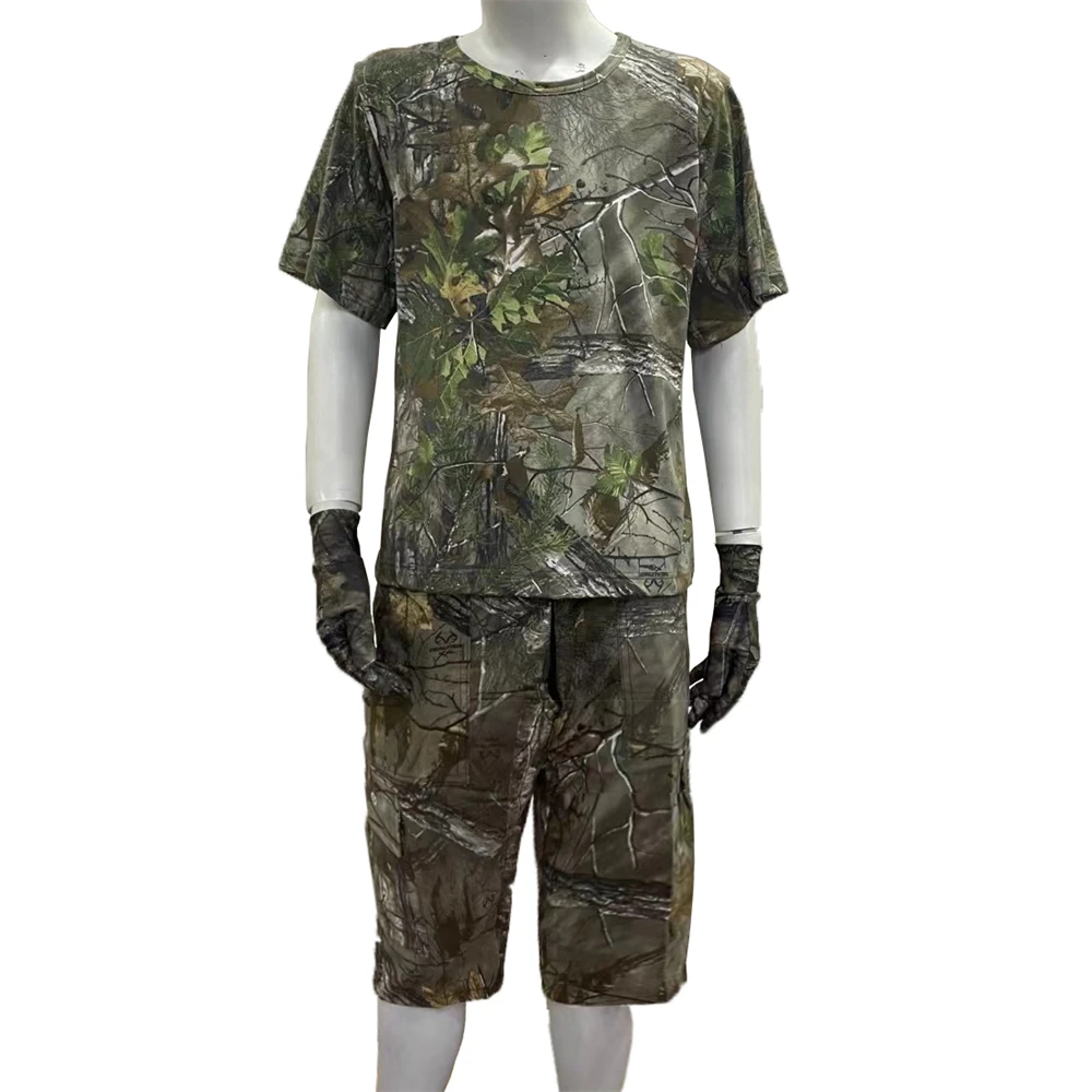 Summer Bionic Camouflage Hunting Fishing Suit Breathable Short Sleeve T-Shirt And Pants Quick Dry Hunting Shirt Hunting Pants