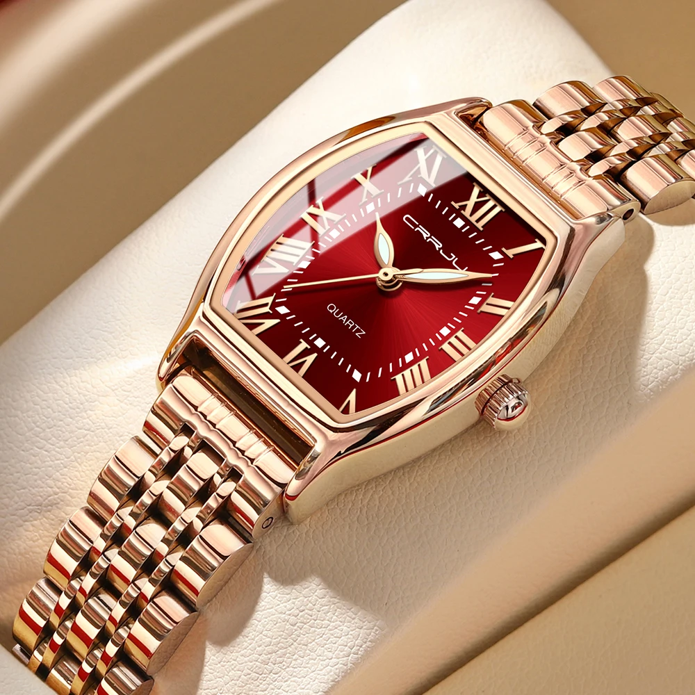 CRRJU original factory water resistant full  Stainless Steel  red dial face  Women  ladies watch Montre femme