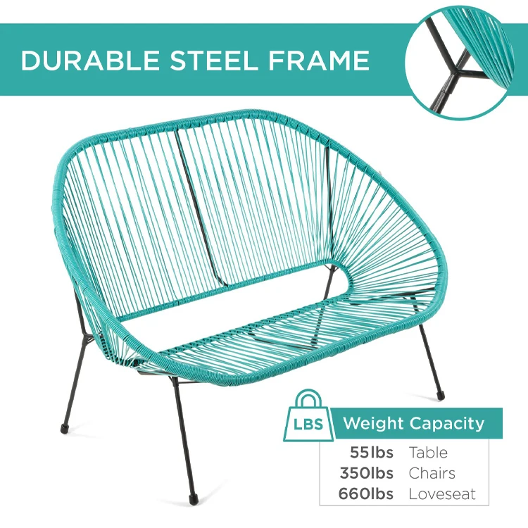 Outdoor Garden Patio Backyard 4 Piece Steel Frame Plastic Wicker Rope Acapulco Chair Set with Glass Top Table