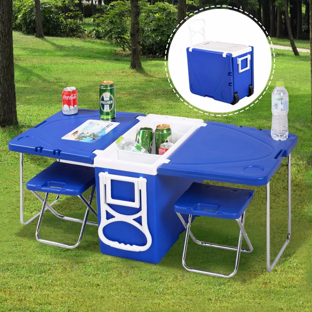 Double 11 Deals And Discounts Outdoor Rolling Cooler with Table And Chairs Product Testimonial Blue For Picnic Camping